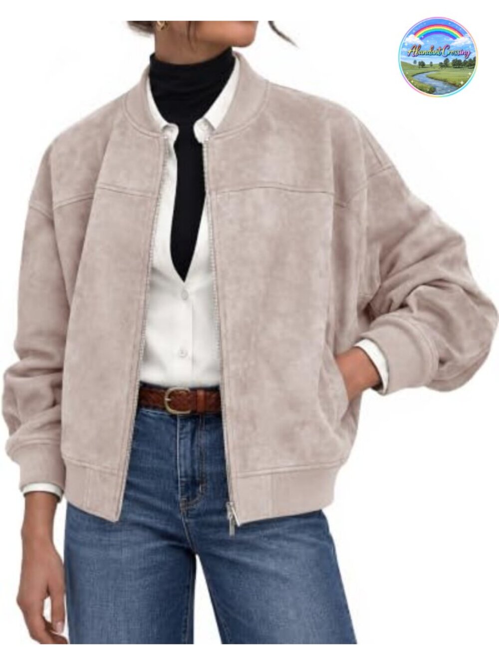 Faux Suede Cropped Bomber Jacket Long Sleeve Zip Casual Outerwear